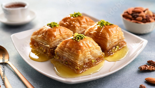 Sweet Baklava,drizzled with honey,pistachios and almonds,a delightful treat. Enjoy!