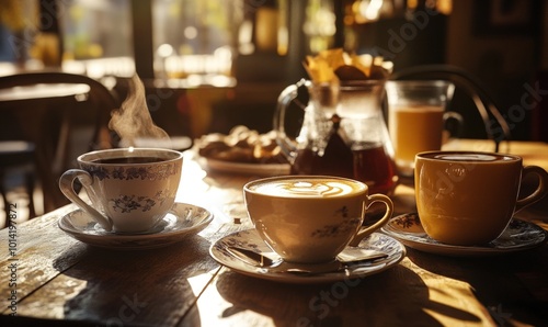 Three cups of coffee, one with latte art, on a wooden table in a cafe with a warm light shining through the window.