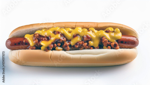 Savory Chili Cheese Hot Dog: A classic American delight, perfectly grilled sausage nestled in a soft bun, topped with flavorful chili and tangy mustard. photo