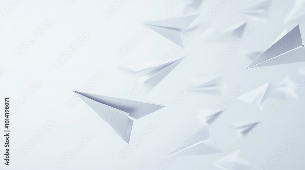 White Paper Airplanes Flying in White Background White Paper Airplanes Flying in White Background