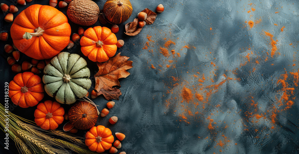 Pumpkins, acorns, and wheat on a dark background. copy space. top view. Pumpkins, acorns, and wheat on a dark background. copy space. top view.