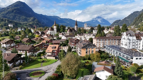 aerial of Interlaken, Switzerland on a clear day