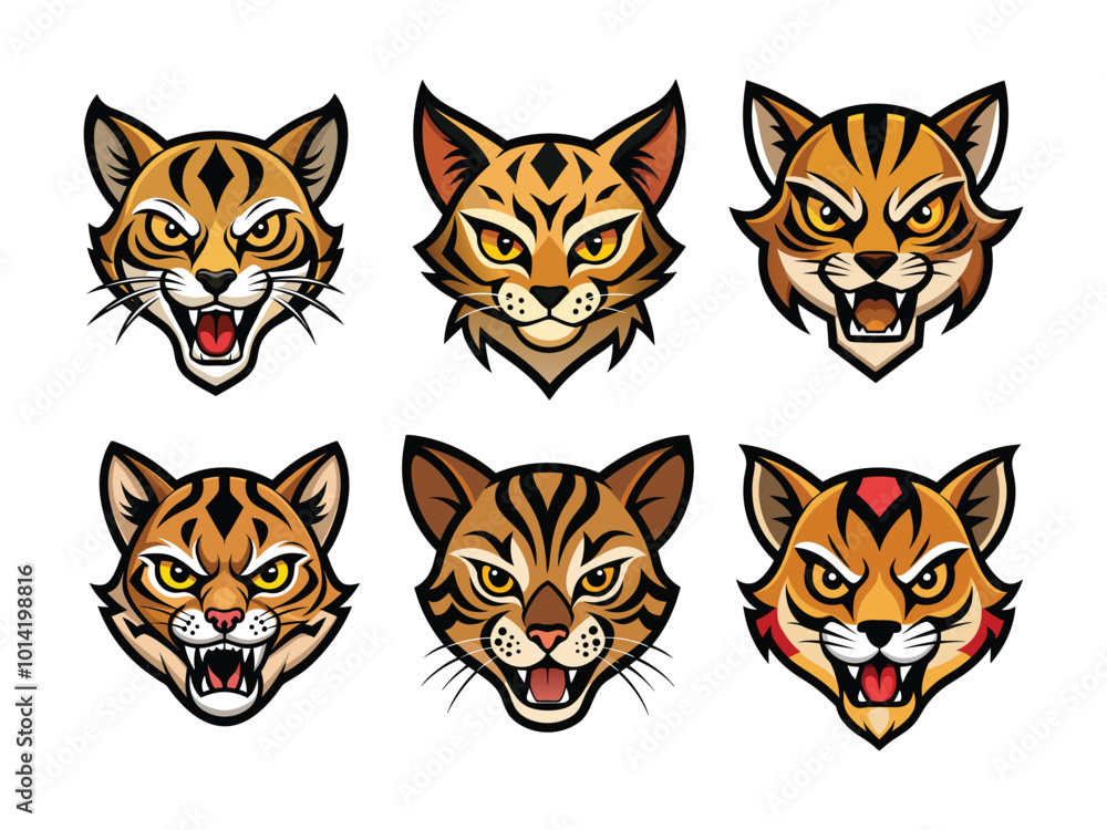 A set of margay head vector illustration. A set of margay head vector illustration.