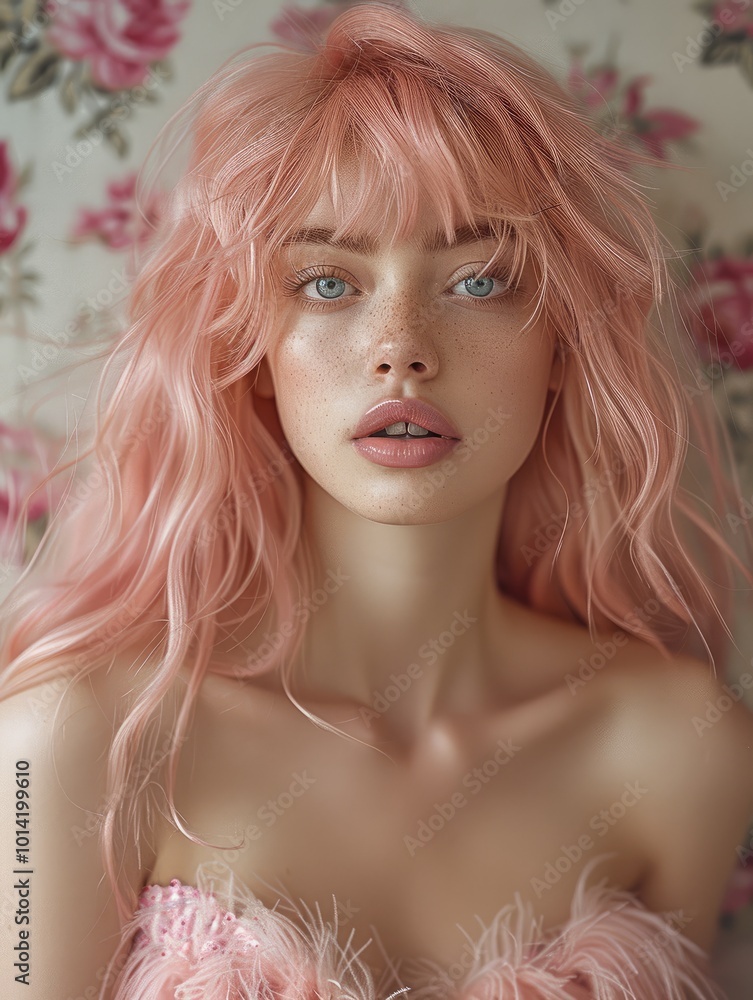Portrait of a pink hair lovely woman in a light pink ostrich feather dress, against a wall with floral pattern. Portrait of a pink hair lovely woman in a light pink ostrich feather dress, against a wall with floral pattern.