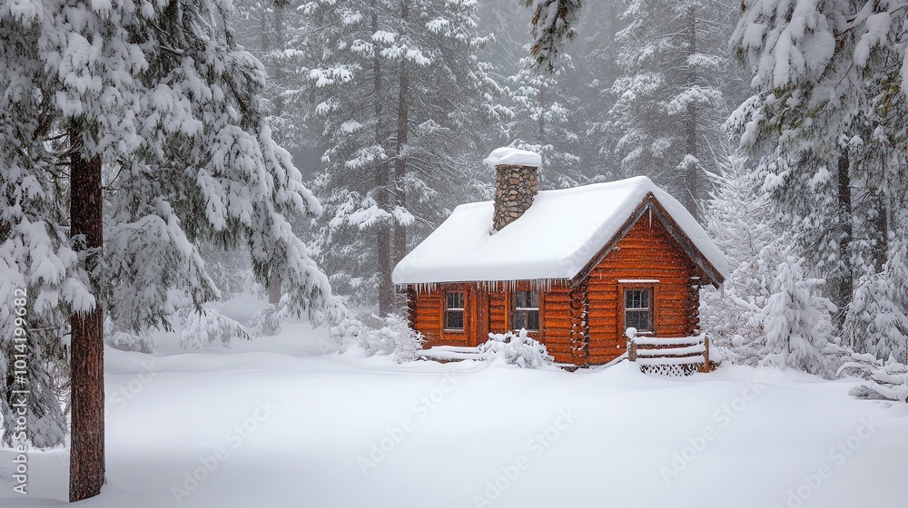 A small wooden cabin sits in a snowy forest with snow-covered trees and a thick layer of snow on the ground. A small wooden cabin sits in a snowy forest with snow-covered trees and a thick layer of snow on the ground.