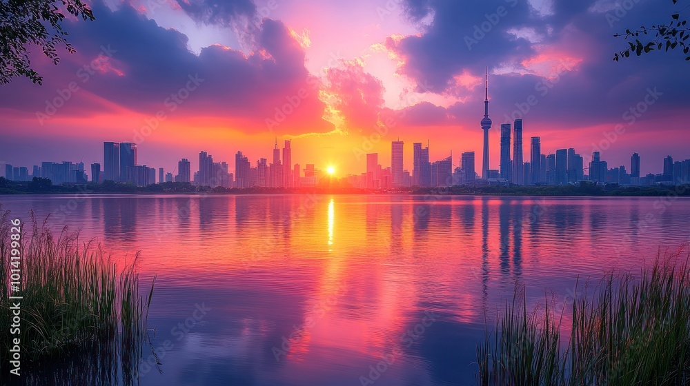 Sunset over a city skyline reflected in a tranquil lake. Sunset over a city skyline reflected in a tranquil lake.