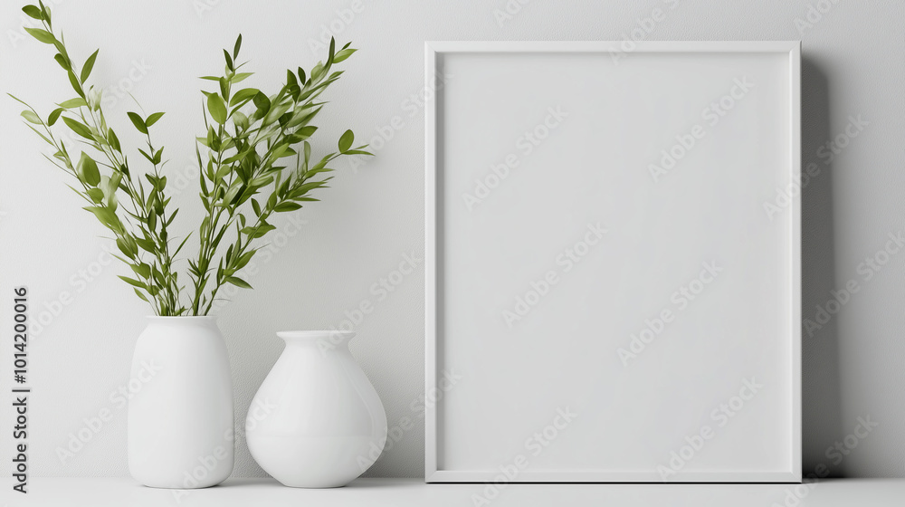 A blank white picture frame sits on a shelf next to two simple white vases filled with greenery, creating a clean and modern aesthetic. A blank white picture frame sits on a shelf next to two simple white vases filled with greenery, creating a clean and modern aesthetic.
