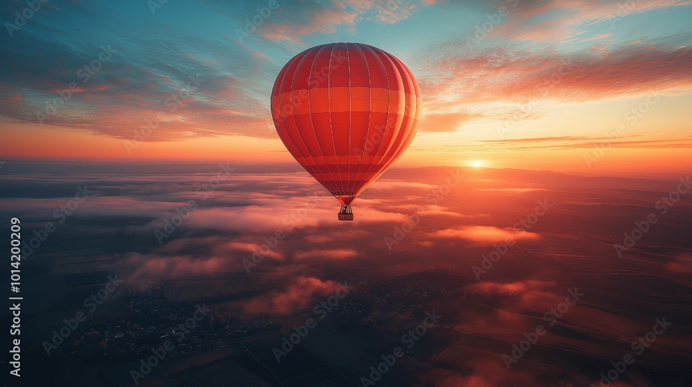 With a sunrise backdrop, a single red hot air balloon rises into the sky and floats over a wide, peaceful landscape, representing freedom, peace, and adventure. With a sunrise backdrop, a single red hot air balloon rises into the sky and floats over a wide, peaceful landscape, representing freedom, peace, and adventure.
