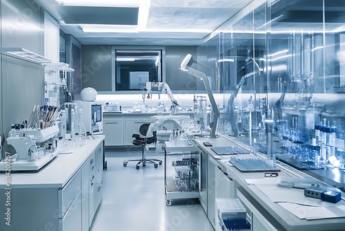 Modern, well-equipped scientific laboratory with glassware, machinery, and a sterile work space