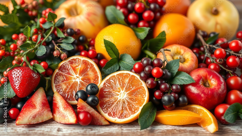 A warm and inviting background image featuring a colorful arrangement of fresh fruits, vibrant berries, and lush A warm and inviting background image featuring a colorful arrangement of fresh fruits, vibrant berries, and lush