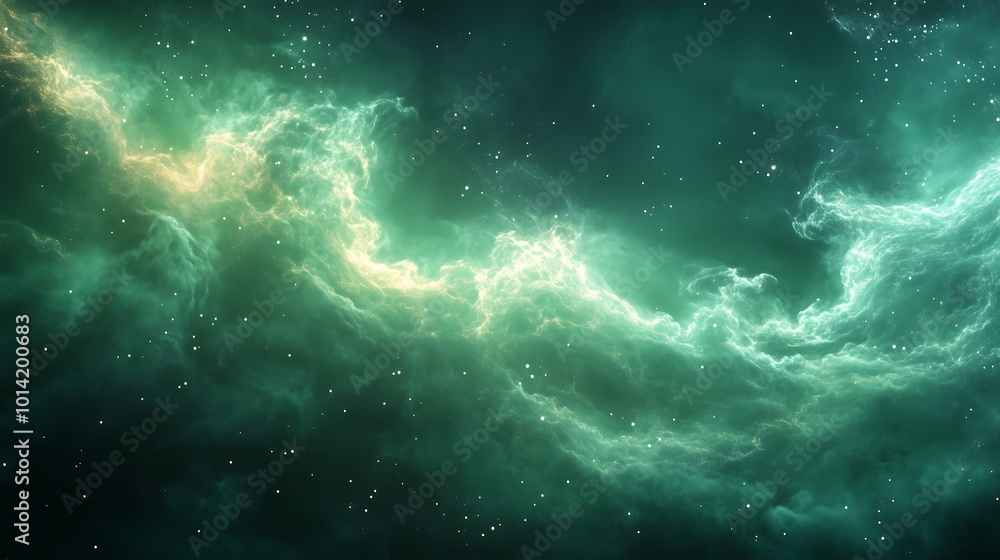 Fototapeta premium Abstract green and yellow nebula with stars in the background.