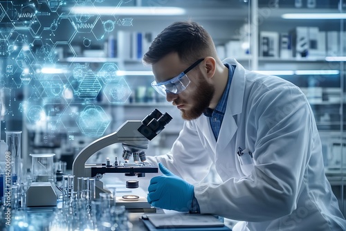 Scientist Examining Sample Under Microscope in Laboratory