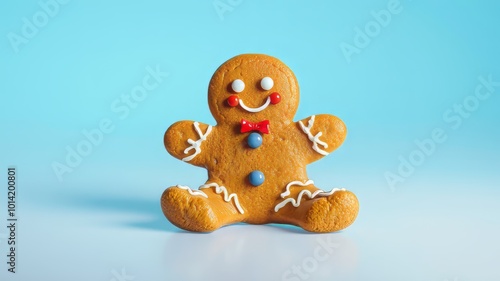 A whimsical, golden-brown gingerbread man figure sits isolated on a translucent background, his intricately designed