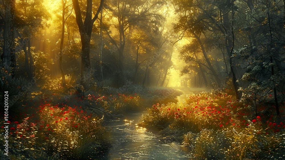 Enchanted Forest Stream: Golden Light and Red Flowers Enchanted Forest Stream: Golden Light and Red Flowers
