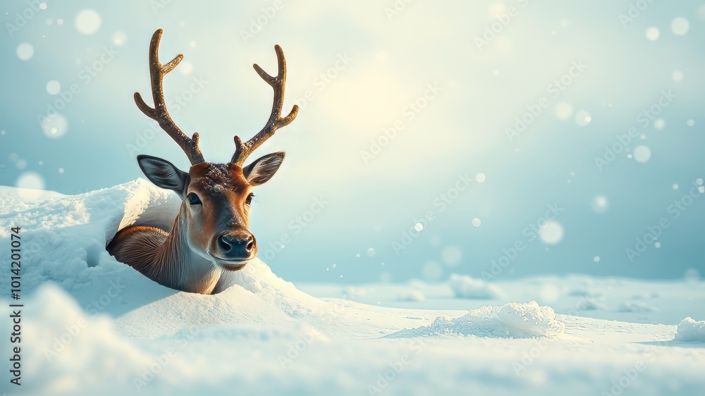A whimsical winter scene features a reindeer peeking out from a hole in a frozen, icy landscape, snowflakes A whimsical winter scene features a reindeer peeking out from a hole in a frozen, icy landscape, snowflakes