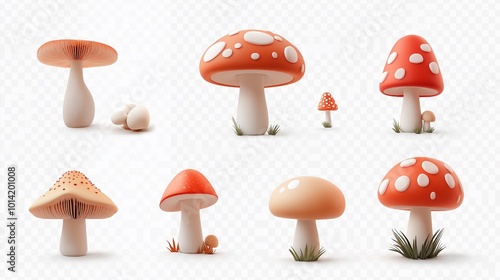 PNG mushroom collection of 3D icons and objects, minimalist cartoon style on clear, white background, isolate