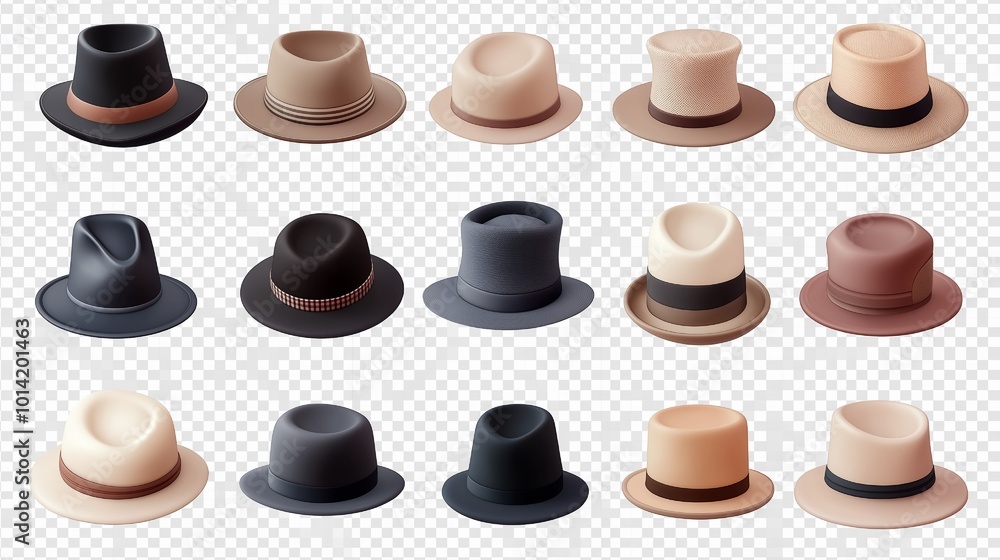 PNG collection of traditional hat 3D icons and objects, minimalist cartoon style on clear, white background, isolate PNG collection of traditional hat 3D icons and objects, minimalist cartoon style on clear, white background, isolate