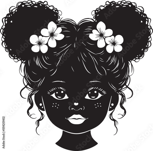 American Baby Head Vector, Black Brown African American little small girl outline face portrait,Two puffs ponytails with flowers on her head.