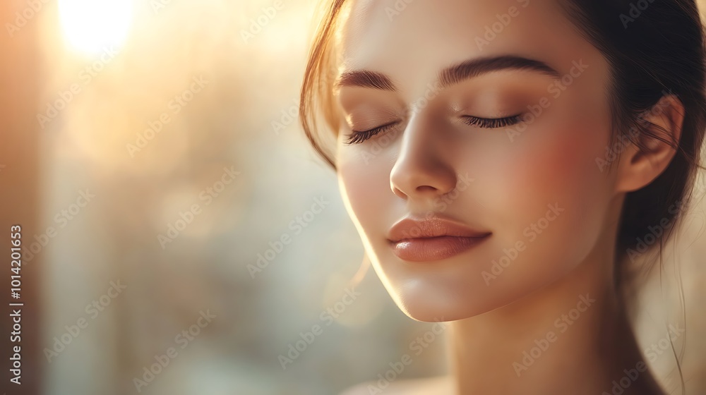 Close-up portrait of a young woman with her eyes closed, bathed in warm sunlight. Close-up portrait of a young woman with her eyes closed, bathed in warm sunlight.