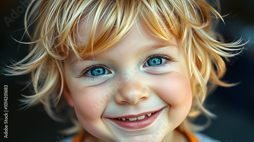 A youthful child's smiling face with bright blue eyes and messy blonde hair looks directly at the camera,