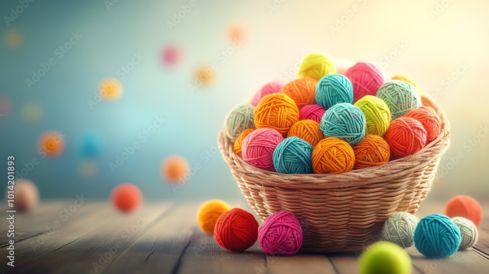 A basket overflowing with vivid yarn balls, rustic wooden floor, cozy and artistic atmosphere, warm lighting and soft textures A basket overflowing with vivid yarn balls, rustic wooden floor, cozy and artistic atmosphere, warm lighting and soft textures