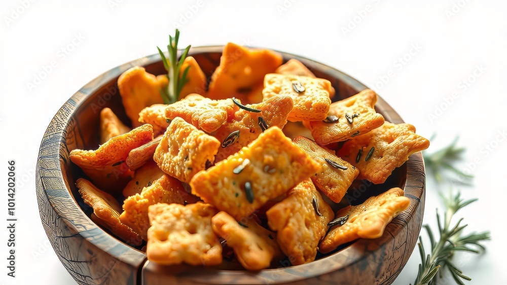 Crunchy rosemary-flavored crackers nestle in a rustic wooden bowl, their golden-brown fragments encircled by a soft, Crunchy rosemary-flavored crackers nestle in a rustic wooden bowl, their golden-brown fragments encircled by a soft,