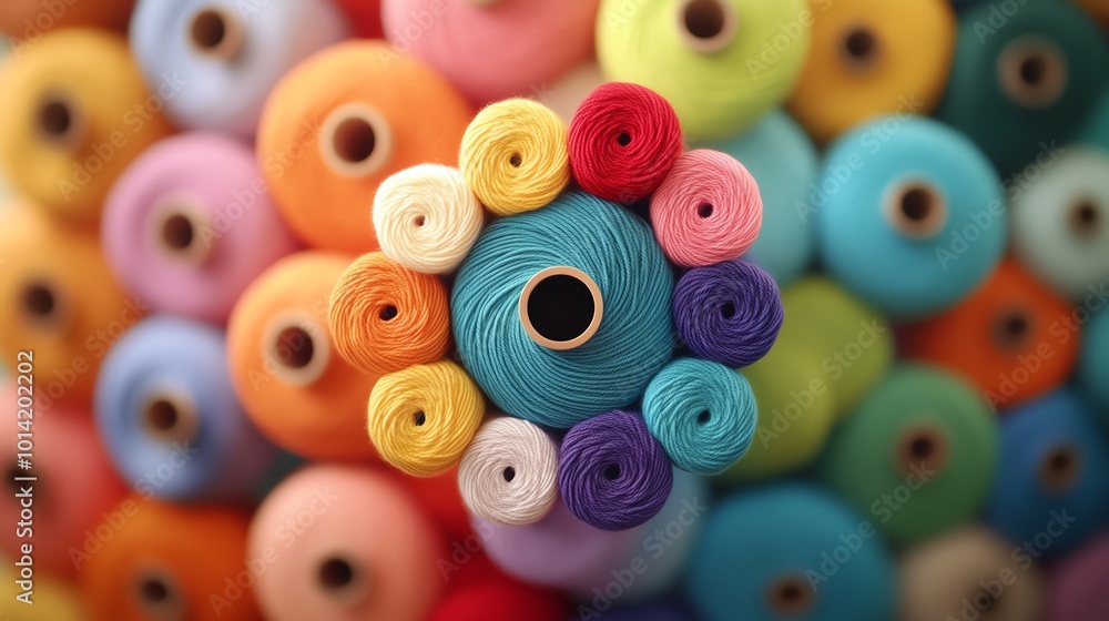 Fototapeta premium Brightly colored yarn spools stacked in a spiral, vibrant threads unraveling into abstract patterns, rainbow color palette, creative textile art, macro shot
