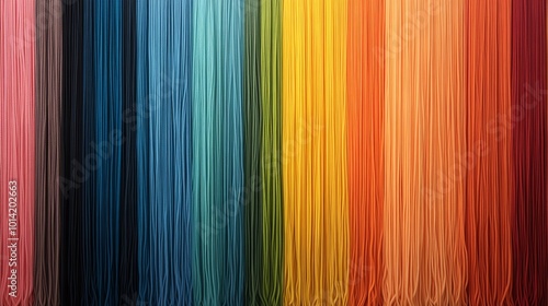 Rainbowcolored yarn strings hanging vertically, creating an abstract and flowing curtain, vibrant colors, textile art installation photo