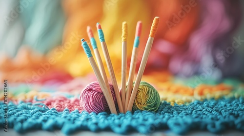 Rainbowhued yarn wrapped around wooden knitting needles, vibrant and creative workspace, closeup of handmade tools and textures photo