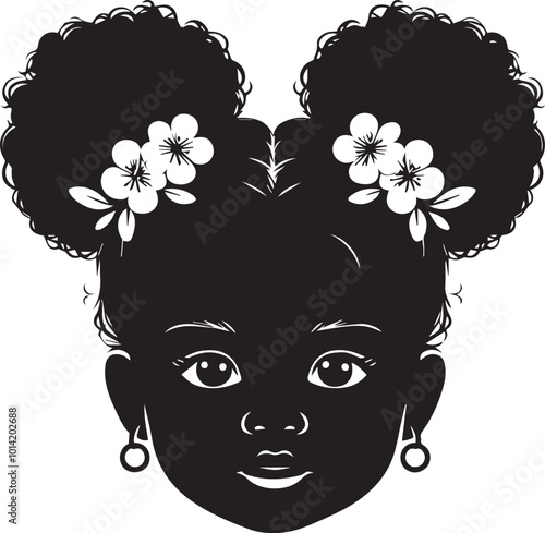 American Baby Head Vector, Black Brown African American little small girl outline face portrait,Two puffs ponytails with flowers on her head.