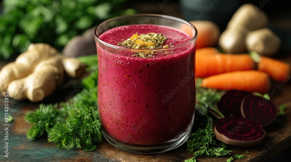 A vibrant smoothie made from beets and vegetables, garnished. A vibrant smoothie made from beets and vegetables, garnished.