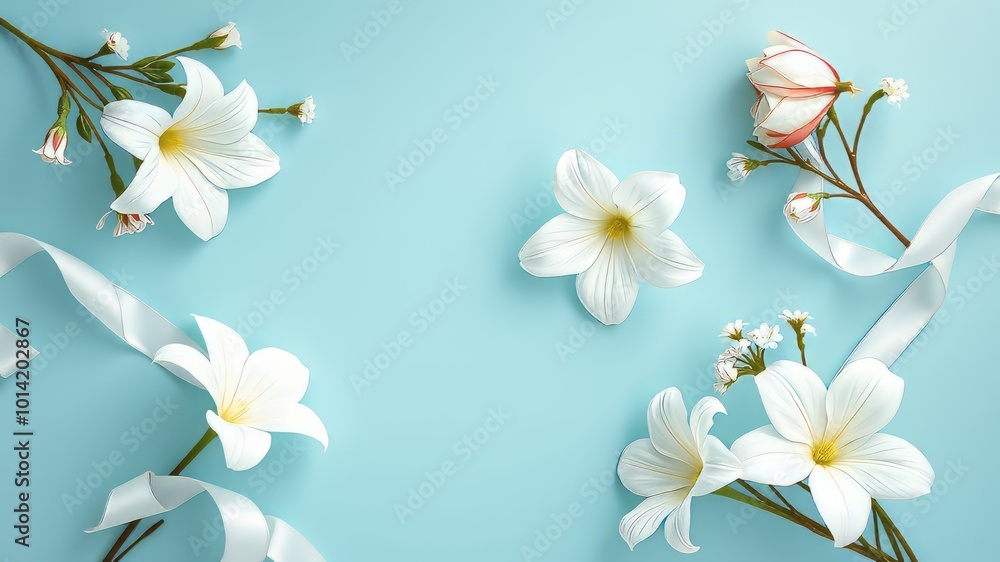 Lush white flowers and delicate ribbons adorn a serene blue background in a refined greeting card mockup, exuding Lush white flowers and delicate ribbons adorn a serene blue background in a refined greeting card mockup, exuding