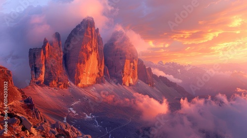 Majestic Alpenglow Over Rugged Mountain Peaks in Dramatic Stormy Sunset Landscape