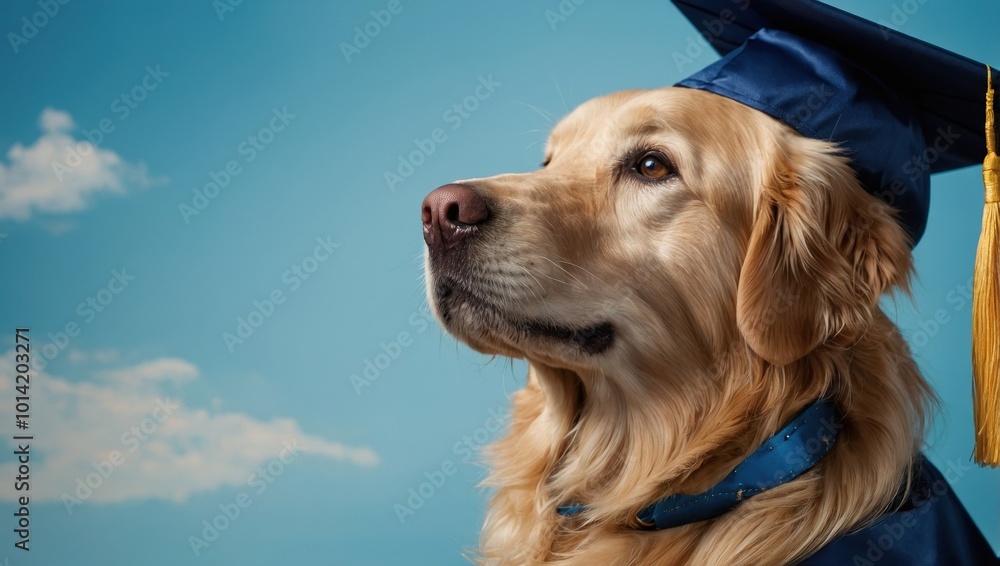 Golden Retriever in Graduation Regalia with Blue Collar and Medal Golden Retriever in Graduation Regalia with Blue Collar and Medal