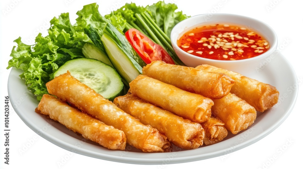 A plate of crispy fried spring rolls with a side of dipping sauce, cucumber, lettuce, and tomato. A plate of crispy fried spring rolls with a side of dipping sauce, cucumber, lettuce, and tomato.