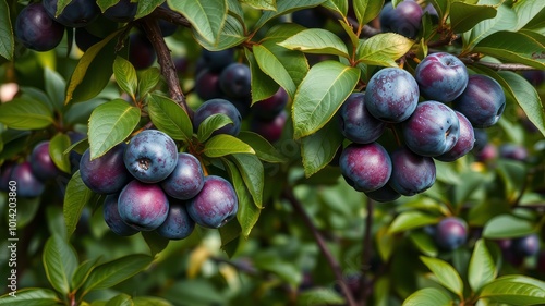 Sophisticated plum trees, laden with ripened blue and purple plums, thrive in a lush green garden amidst leafy