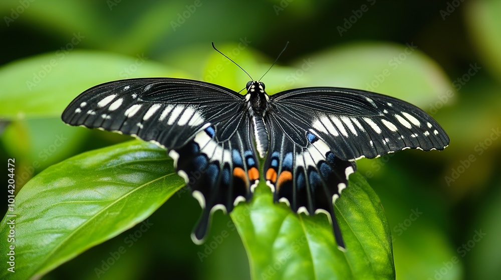 Black and White Butterfly on Green Leaf - Nature Photography Black and White Butterfly on Green Leaf - Nature Photography