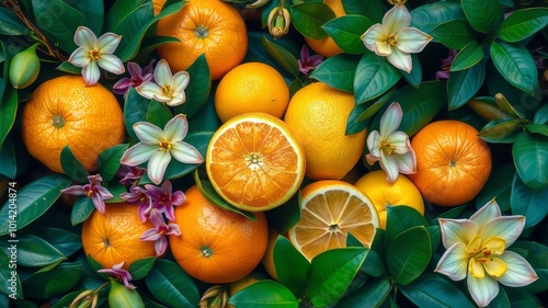 Vibrant oranges, lemons, and tropical fruits arrange amidst lush greenery featuring delicate orchid flowers, delicate