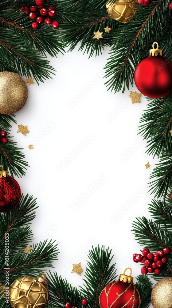 Blank card surrounded by festive pine branches and vibrant ornaments for Christmas celebrations Blank card surrounded by festive pine branches and vibrant ornaments for Christmas celebrations
