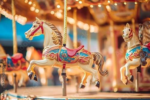 A Detailed Close-up of a White Carousel Horse with Red and Blue Accents