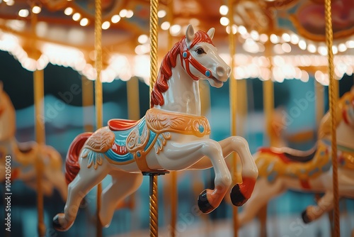 A Close-Up of a White Carousel Horse with Red Mane and Saddle photo