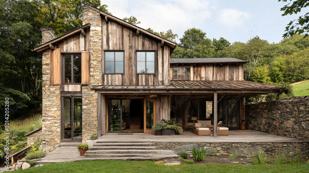 A rustic facade using reclaimed wood and stone A rustic facade using reclaimed wood and stone
