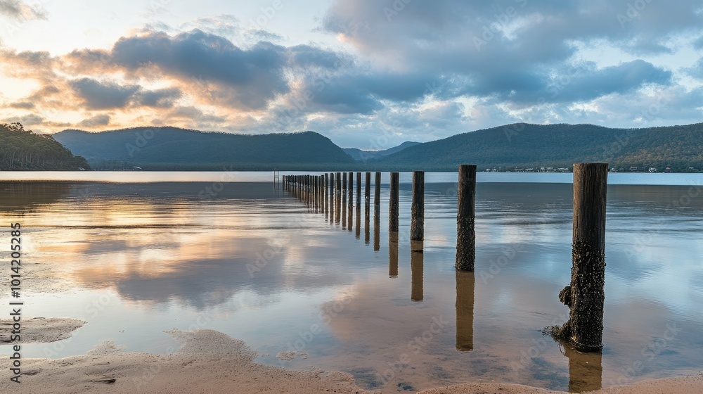 A row of wooden posts stand in the still water of a lake, with a mountain range in the distance and a colorful sky reflected in the water. A row of wooden posts stand in the still water of a lake, with a mountain range in the distance and a colorful sky reflected in the water.