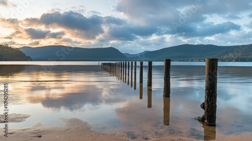 A row of wooden posts stand in the still water of a lake, with a mountain range in the distance and a colorful sky reflected in the water.