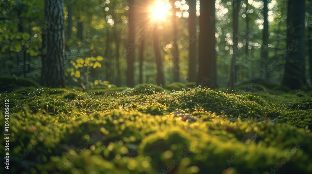 Fototapeta premium The forest floor is covered with moss, and sunlight filters through the trees.