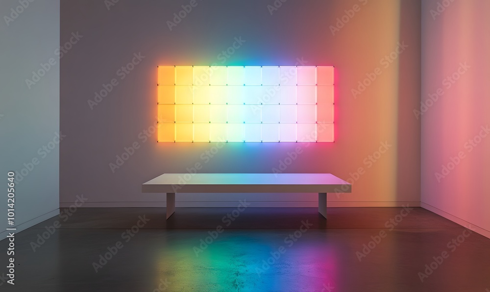 White wall with table chart showing different rainbow light effects, Generative AI White wall with table chart showing different rainbow light effects, Generative AI
