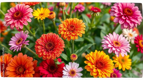 Vibrant zinnias in various colors and shapes fill a bouquet, with delicate petals and stems emerging from a