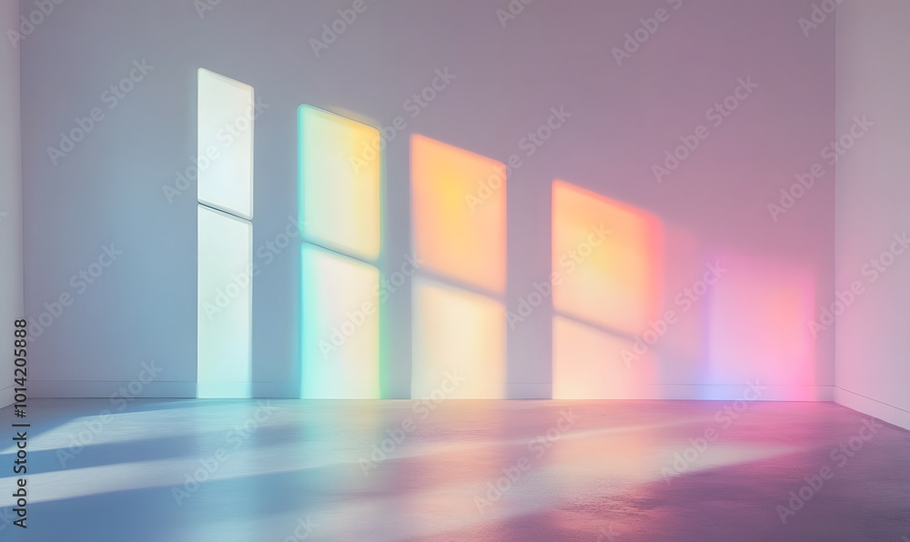 White wall with table chart showing different rainbow light effects, Generative AI White wall with table chart showing different rainbow light effects, Generative AI