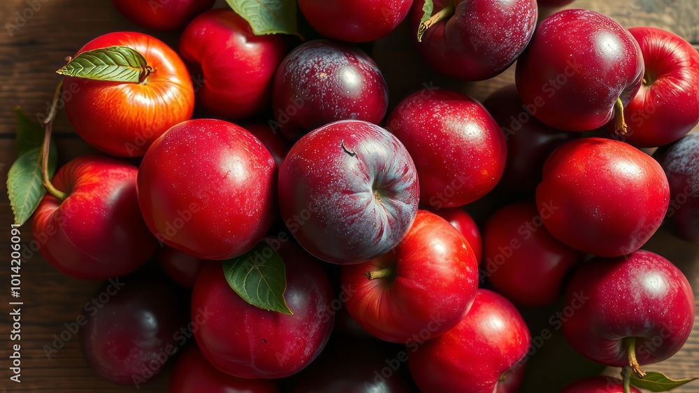 Warmly lit overhead view of a wooden table laden with a vibrant display of ripe, juicy red plums, Warmly lit overhead view of a wooden table laden with a vibrant display of ripe, juicy red plums,