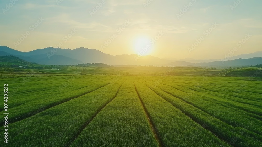 Obraz premium A scenic view of a green field with a sunset behind the mountains.